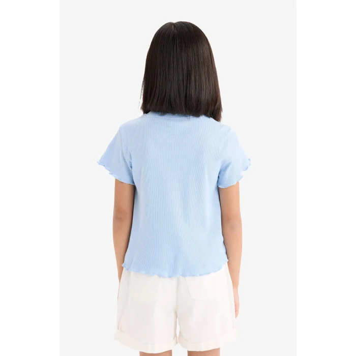 Defacto D9537A8BE745 Mavi Slim Fit Dar Kesim Bisiklet Yaka Baskılı Fitilli Kaşkorse Kısa Kollu Tişört Kız Çocuk