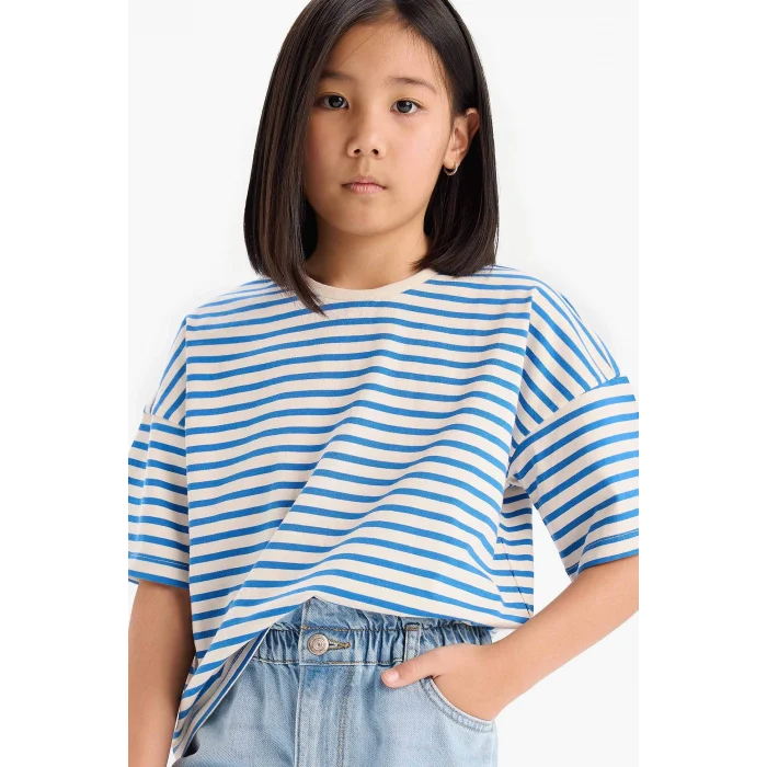 Defacto D8581A8BE124 Mavi Relax Fit Bisiklet Yaka Çizgili Kısa Kollu Tişört Kız Çocuk