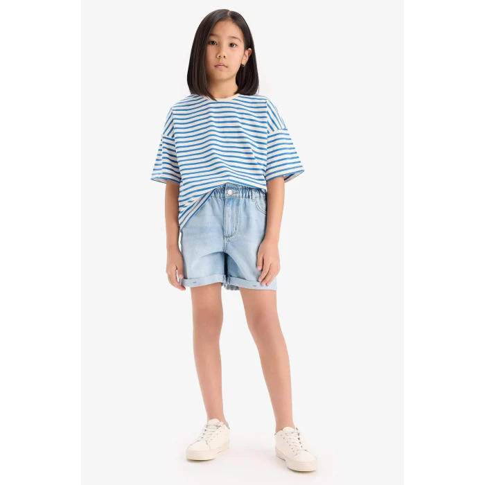Defacto D8581A8BE124 Mavi Relax Fit Bisiklet Yaka Çizgili Kısa Kollu Tişört Kız Çocuk