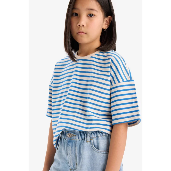 Defacto D8581A8BE124 Mavi Relax Fit Bisiklet Yaka Çizgili Kısa Kollu Tişört Kız Çocuk