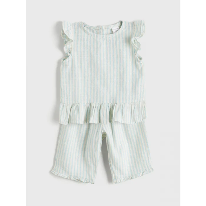 LCW baby Mavi Fırfırlı Kız Bebek Müslin Bluz ve Pantolon