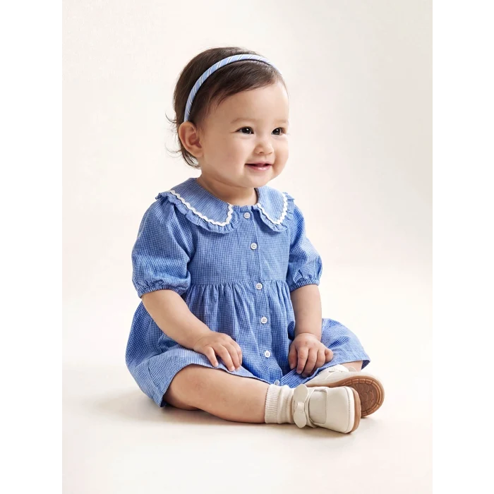 LCW baby Mavi Nakışlı Bebe Yaka Kareli Kız Bebek Elbise