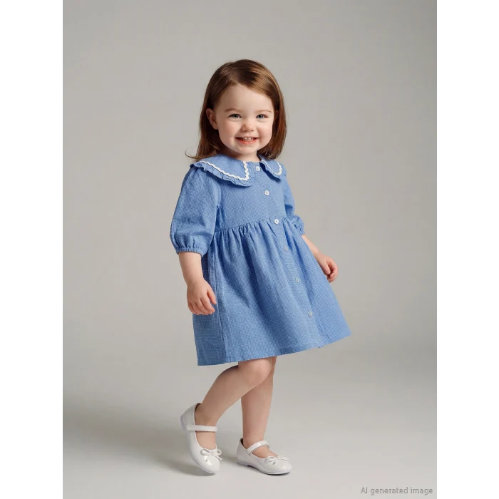 LCW baby Mavi Nakışlı Bebe Yaka Kareli Kız Bebek Elbise