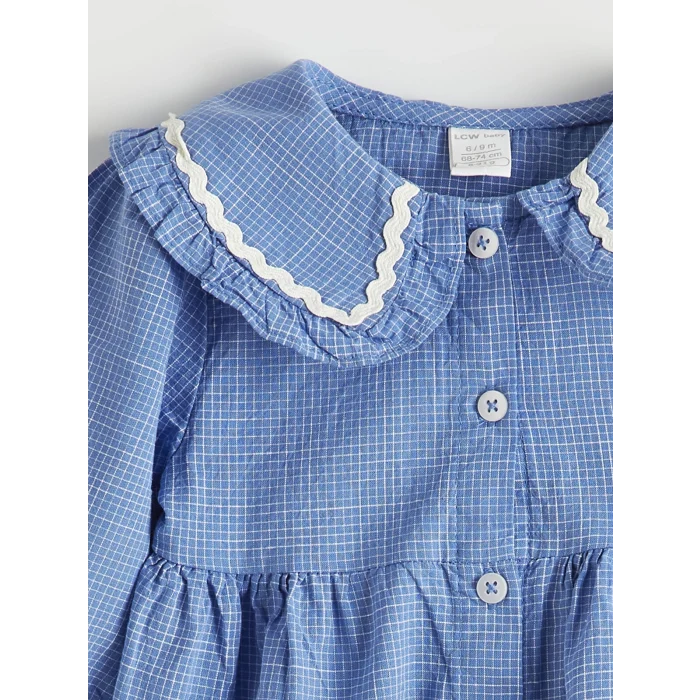 LCW baby Mavi Nakışlı Bebe Yaka Kareli Kız Bebek Elbise