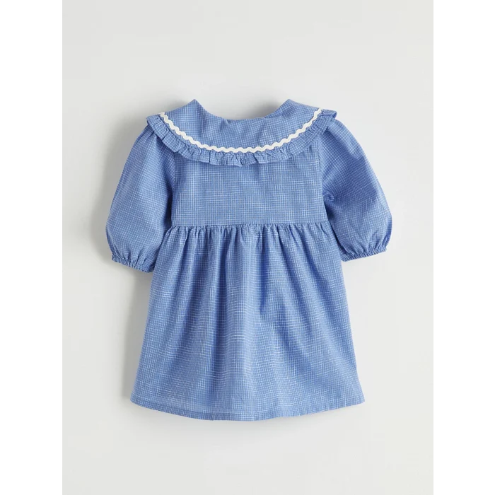 LCW baby Mavi Nakışlı Bebe Yaka Kareli Kız Bebek Elbise