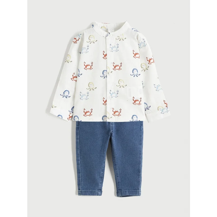 LCW baby Ekru Uzun Kollu Gömlek Ve Pantolon Erkek Bebek Takımı
