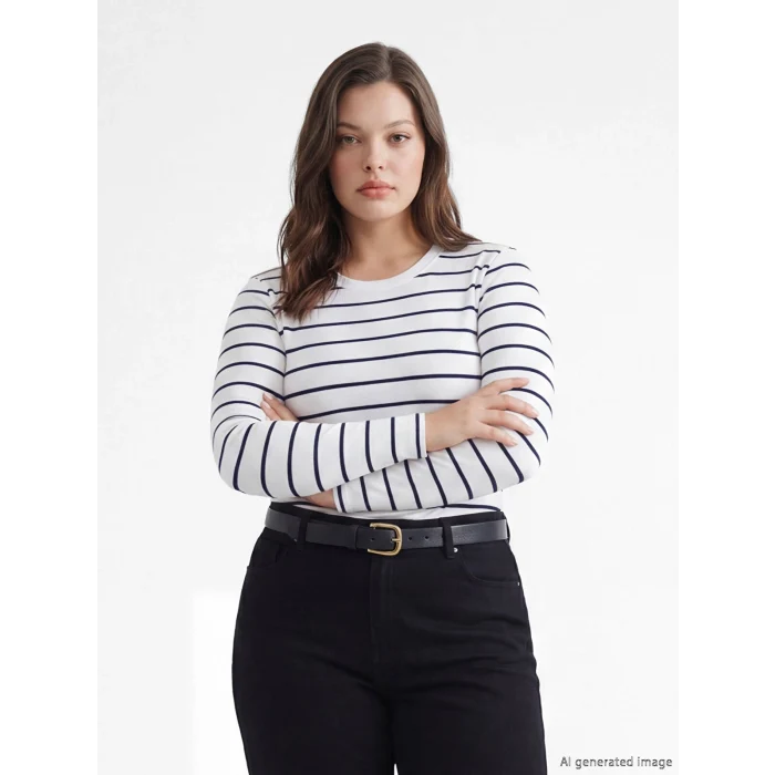 LCWAIKIKI Basic Lacivert Bisiklet Yaka Çizgili Kadın Body