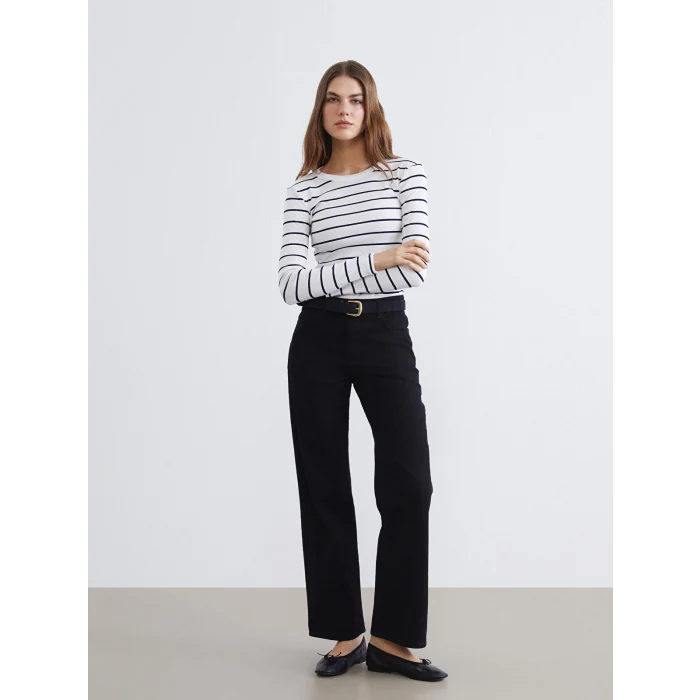 LCWAIKIKI Basic Lacivert Bisiklet Yaka Çizgili Kadın Body