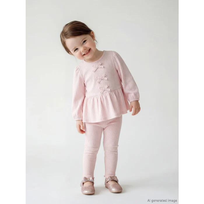 LCW baby Pembe Bisiklet Yaka Fiyonklu Kız Bebek Bluz ve Tayt