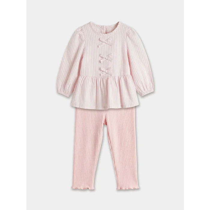 LCW baby Pembe Bisiklet Yaka Fiyonklu Kız Bebek Bluz ve Tayt