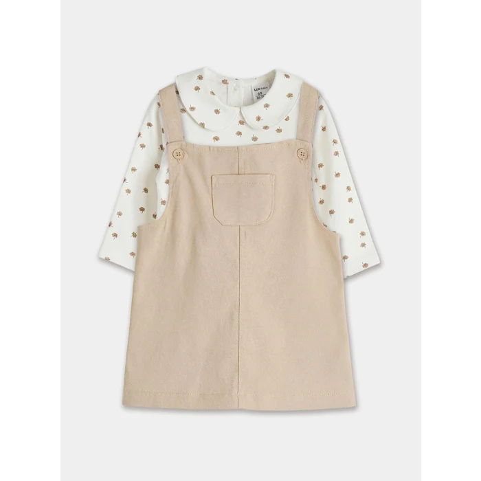 LCW baby Bej Bebe Yaka Desenli Kız Bebek Gabardin Elbise