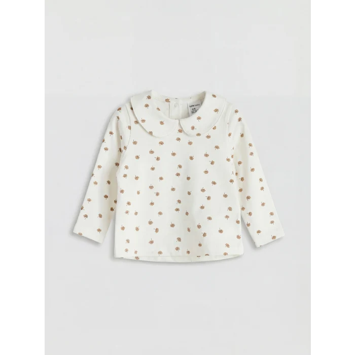 LCW baby Bej Bebe Yaka Desenli Kız Bebek Gabardin Elbise