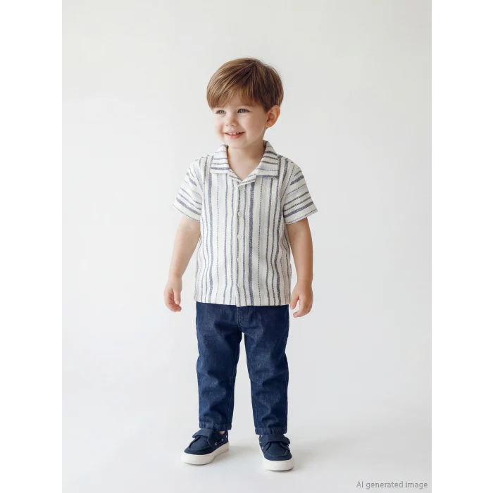 LCW baby Ekru Kısa Kollu Gömlek ve Pantolon Erkek Bebek Takımı