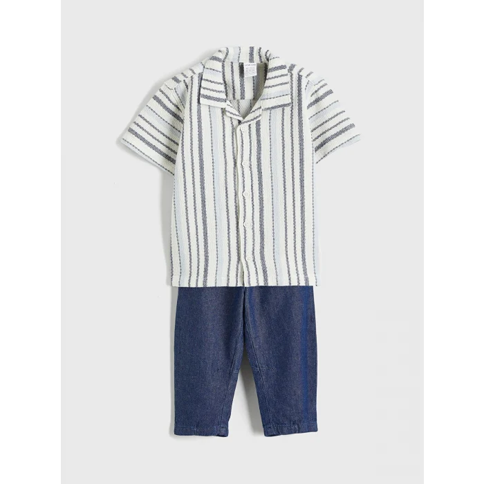 LCW baby Ekru Kısa Kollu Gömlek ve Pantolon Erkek Bebek Takımı