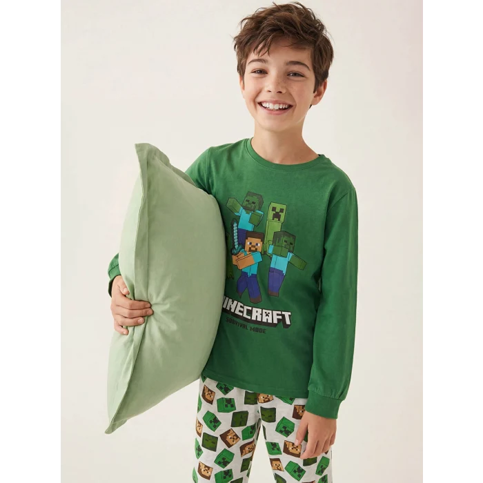 LCW Kids Yeşil Minecraft Baskılı Erkek Çocuk Pijama Takımı