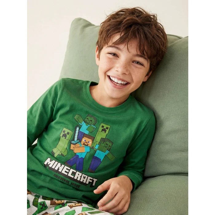 LCW Kids Yeşil Minecraft Baskılı Erkek Çocuk Pijama Takımı