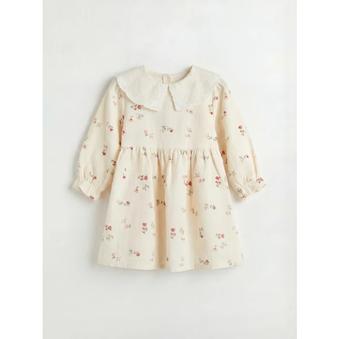 LCW baby Bej Bebe Yaka Çiçek Desenli Kız Bebek Gabardin Elbise