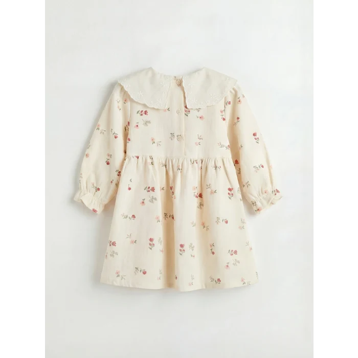 LCW baby Bej Bebe Yaka Çiçek Desenli Kız Bebek Gabardin Elbise