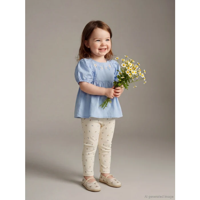 LCW baby Mavi Çiçekli Kız Bebek Bluz ve Tayt