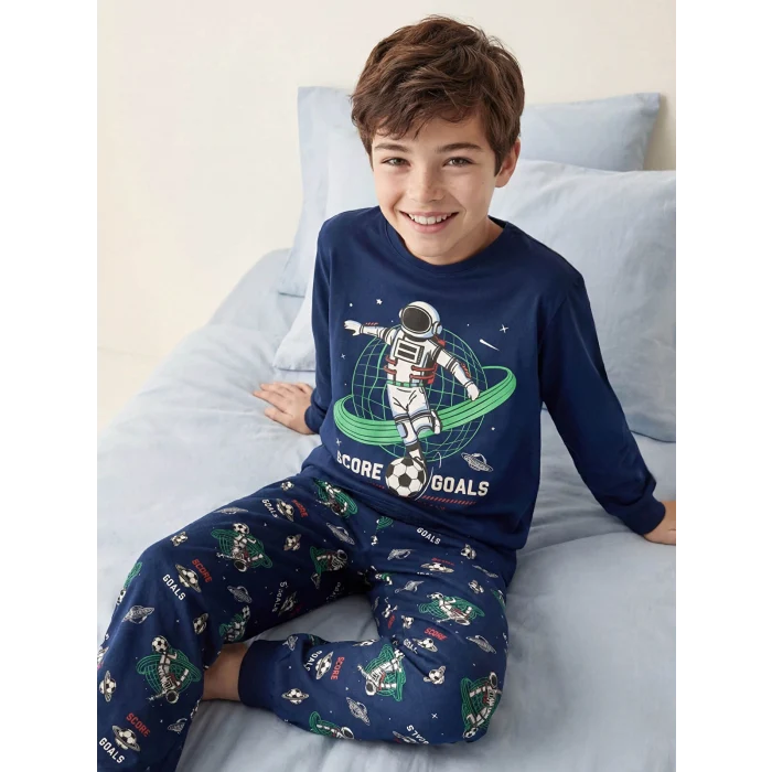 LCW Kids Lacivert Bisiklet Yaka Erkek Çocuk Pijama Takımı