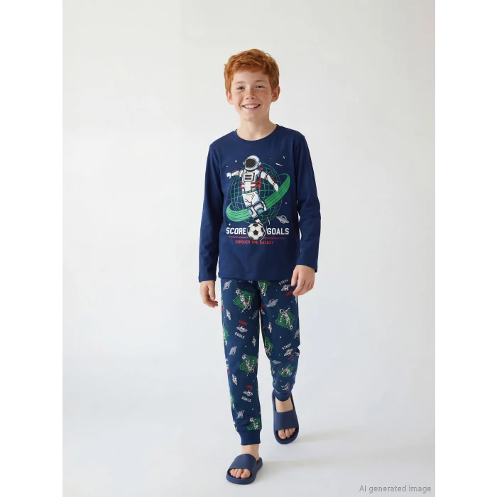 LCW Kids Lacivert Bisiklet Yaka Erkek Çocuk Pijama Takımı