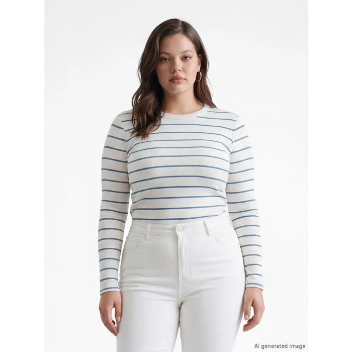 LCWAIKIKI Basic Yeşil Bisiklet Yaka Çizgili Kadın Body