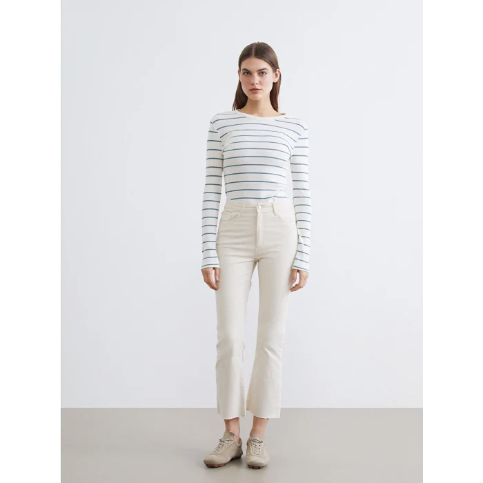 LCWAIKIKI Basic Yeşil Bisiklet Yaka Çizgili Kadın Body