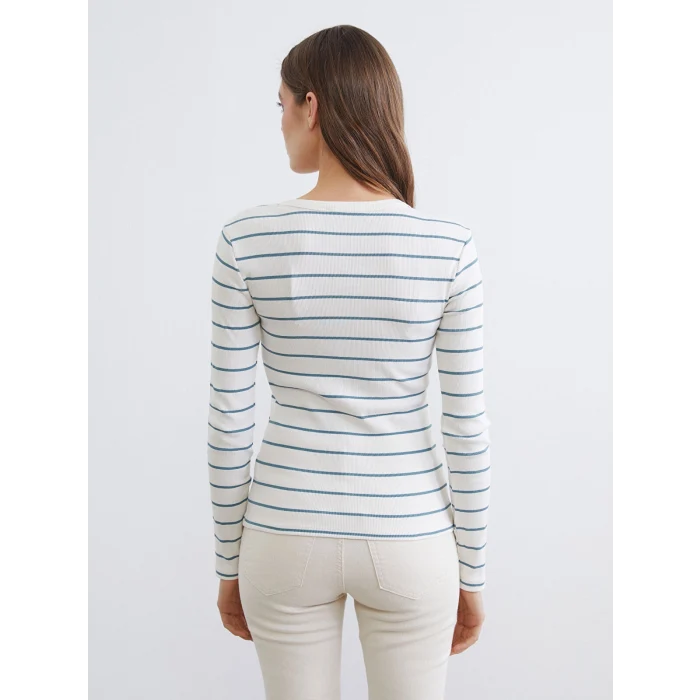 LCWAIKIKI Basic Yeşil Bisiklet Yaka Çizgili Kadın Body