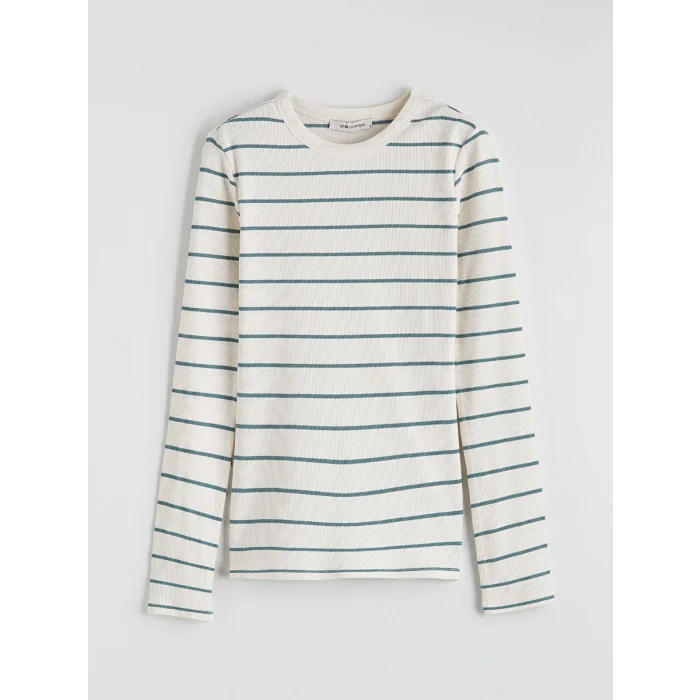 LCWAIKIKI Basic Yeşil Bisiklet Yaka Çizgili Kadın Body