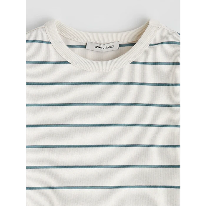 LCWAIKIKI Basic Yeşil Bisiklet Yaka Çizgili Kadın Body