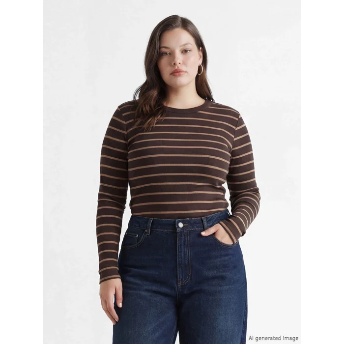 LCWAIKIKI Basic Kahverengi Bisiklet Yaka Çizgili Kadın Body