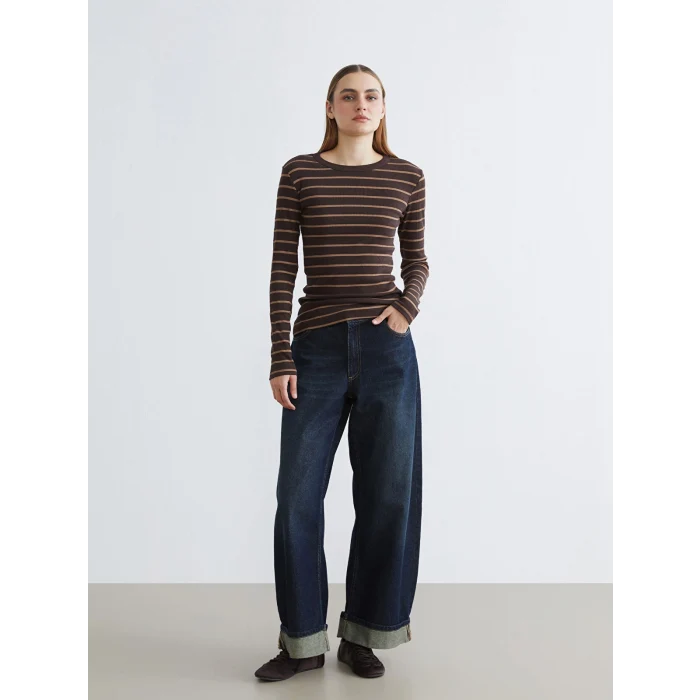 LCWAIKIKI Basic Kahverengi Bisiklet Yaka Çizgili Kadın Body