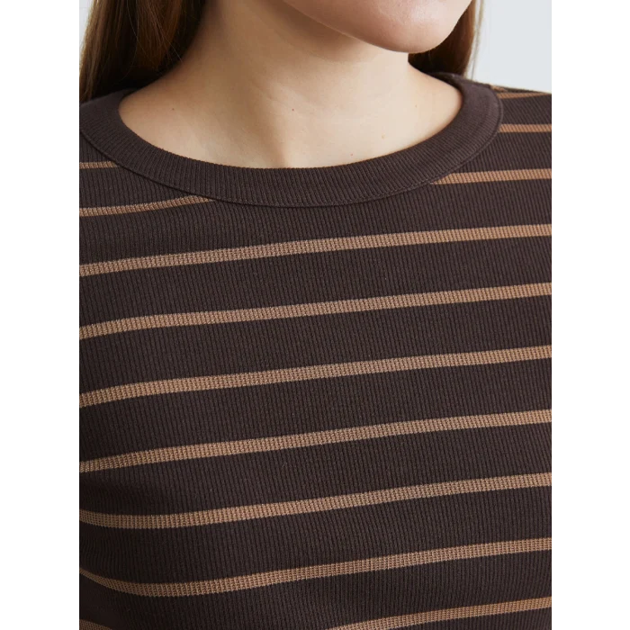 LCWAIKIKI Basic Kahverengi Bisiklet Yaka Çizgili Kadın Body