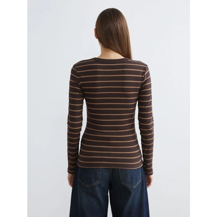 LCWAIKIKI Basic Kahverengi Bisiklet Yaka Çizgili Kadın Body