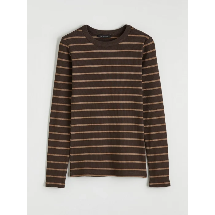 LCWAIKIKI Basic Kahverengi Bisiklet Yaka Çizgili Kadın Body