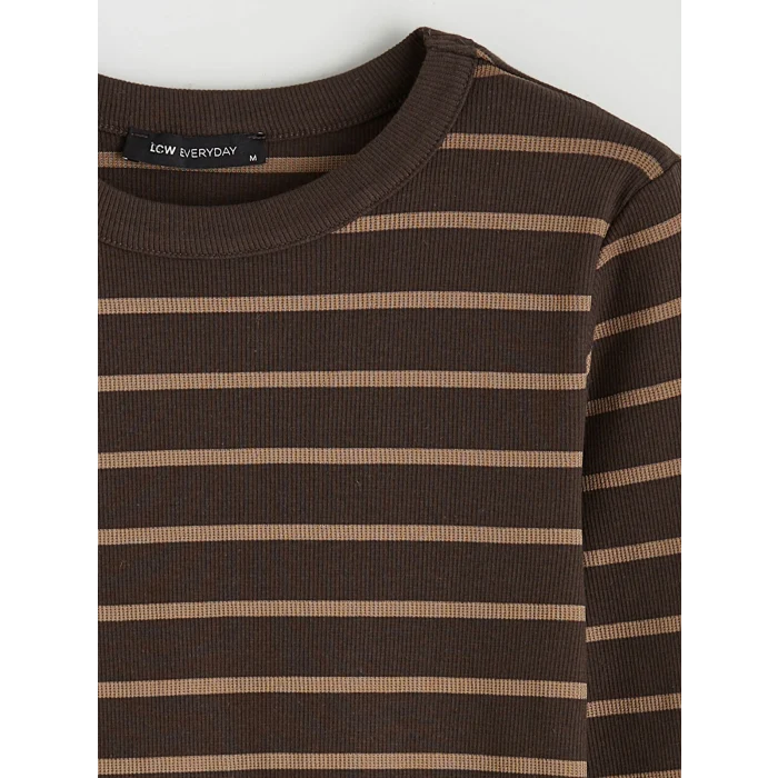 LCWAIKIKI Basic Kahverengi Bisiklet Yaka Çizgili Kadın Body