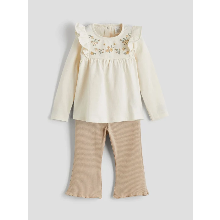 LCW baby Bej Nakış Desenli İspanyol Paça Kız Bebek Bluz ve Tayt