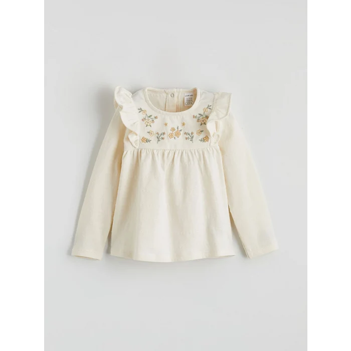 LCW baby Bej Nakış Desenli İspanyol Paça Kız Bebek Bluz ve Tayt