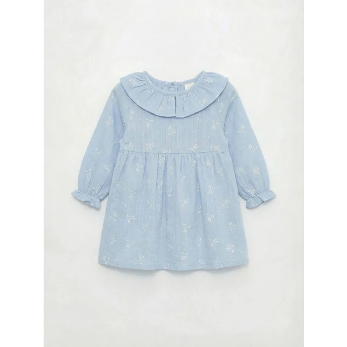 LCW baby Mavi Fırfırlı Bebe Yaka Desenli Kız Bebek Elbise