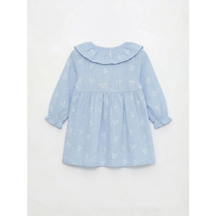 LCW baby Mavi Fırfırlı Bebe Yaka Desenli Kız Bebek Elbise
