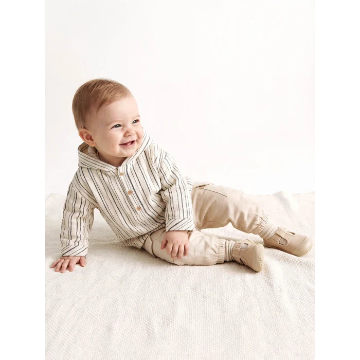 LCW baby Ekru Çizgili Erkek Bebek Kapüşonlu Üst ve Pantolon Takım