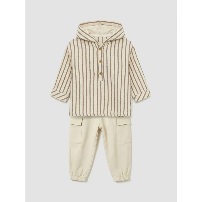 LCW baby Ekru Çizgili Erkek Bebek Kapüşonlu Üst ve Pantolon Takım