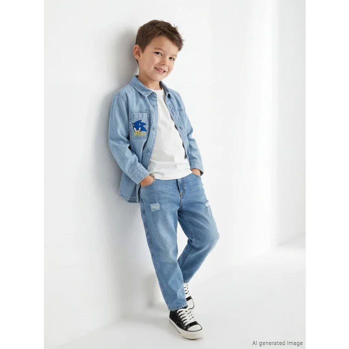 LCW Kids İndigo Loose Fit Yırtık Detaylı Erkek Çocuk Jean Pantolon