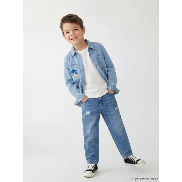 LCW Kids İndigo Loose Fit Yırtık Detaylı Erkek Çocuk Jean Pantolon