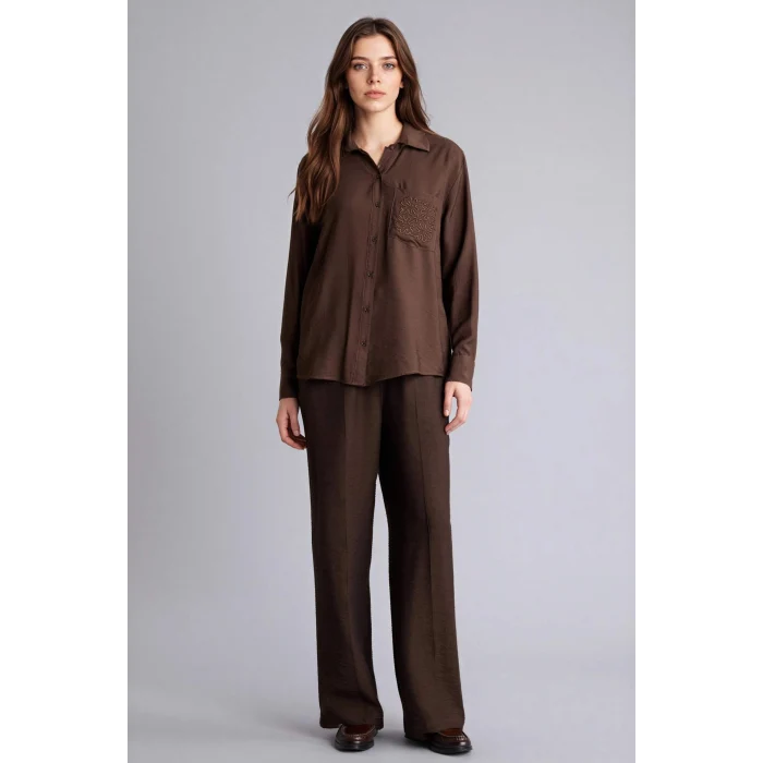 Defacto G9133AXBN539 Kahve Relax Fıt Krinkıl Kumaş Gömlek