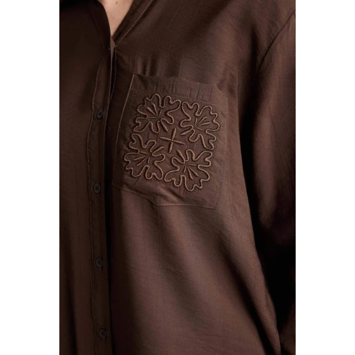 Defacto G9133AXBN539 Kahve Relax Fıt Krinkıl Kumaş Gömlek