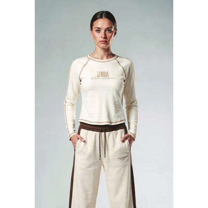 Defacto F8237AXER98 Ekru NBA Wordmark Uzun Kollu Tişört