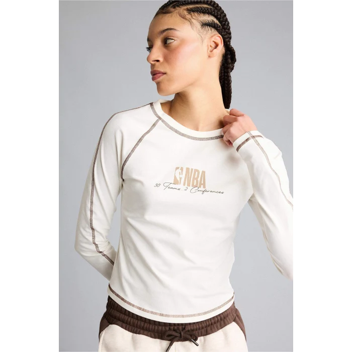 Defacto F8237AXER98 Ekru NBA Wordmark Uzun Kollu Tişört
