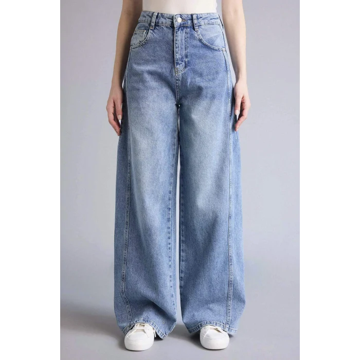 Defacto G8837AXNM28 Mavi Wıde Leg Normal Bel Jean Yıkamalı Pantolon