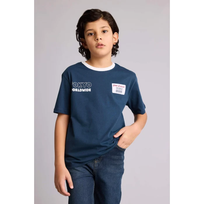 Defacto G7470A8NV257 Lacivert New Regular Fıt Bisiklet Yaka Baskılı Kısa Kollu Tişört Erkek Çocuk